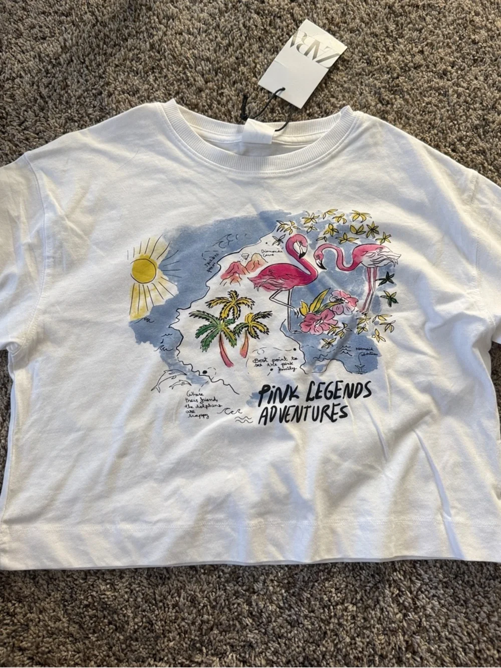 Zara White Tee with Pink Flamingo Tropical Graphic